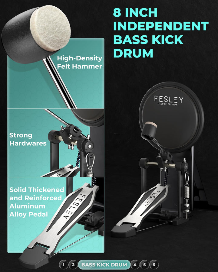 Fesley Electric Drum Set, Electronic Drum Set with 4 Quiet Mesh Drum Pads, Independent HiHat and Kick Drum Full Size Adult Drum Set, 3 Cymbals with Choke, 225 Sounds, USB MIDI, Drum Throne, and Sticks