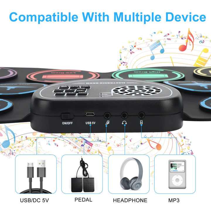 Electronic Drum Set, Marrilley 9 Drum Practice Pad with Headphone Jack, Roll-up Drum Pad Machine Built-in Speaker Drum Pedals Drum Sticks 10 Hours Playtime, Great Holiday Xmas Birthday Gift for Kids