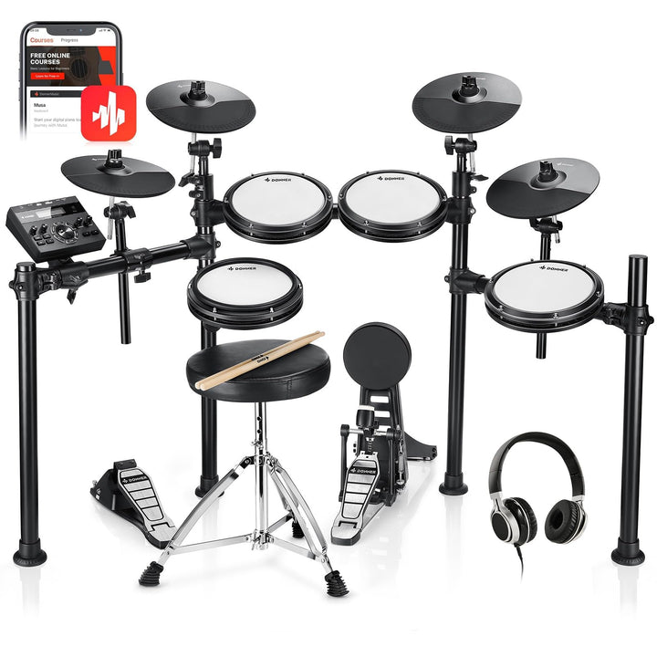 Donner DED-200X Electronic Drum Set, Electric Drum Kit with Quiet Mesh Drum Pads, 2 Cymbals w/Choke, 31 Kits and 450+ Sounds, Throne, Headphones, Sticks, USB MIDI, Melodics Lessons (5 Pads, 4 Cymbals)