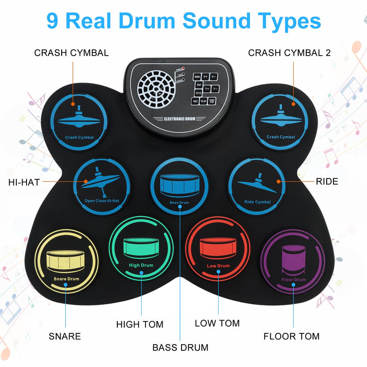 Electronic Drum Set, Marrilley 9 Drum Practice Pad with Headphone Jack, Roll-up Drum Pad Machine Built-in Speaker Drum Pedals Drum Sticks 10 Hours Playtime, Great Holiday Xmas Birthday Gift for Kids