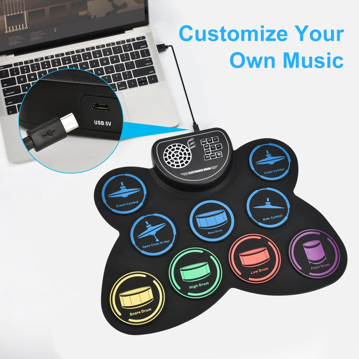 Electronic Drum Set, Marrilley 9 Drum Practice Pad with Headphone Jack, Roll-up Drum Pad Machine Built-in Speaker Drum Pedals Drum Sticks 10 Hours Playtime, Great Holiday Xmas Birthday Gift for Kids