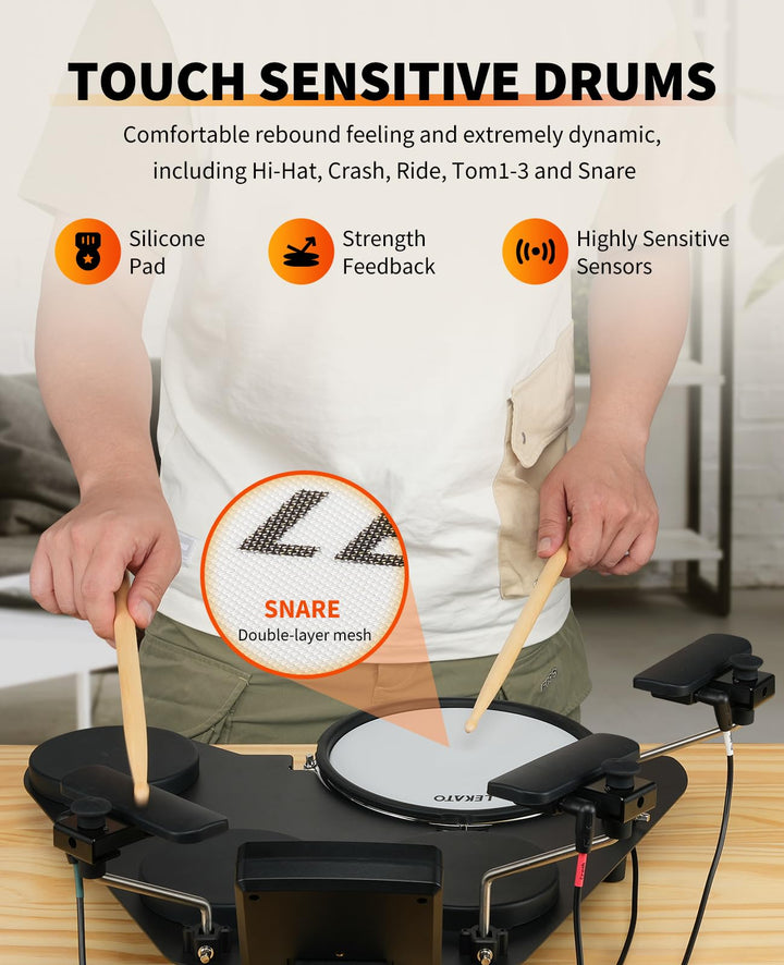 LEKATO Electronic Drum Set, Portable Electric Drum Set for Beginner with Quiet Mesh Snare Drum Pads, 220+ Sounds, USB MIDI, 2 Switch Pedal, Electric Drum Kit with Sticks, Travel Bag
