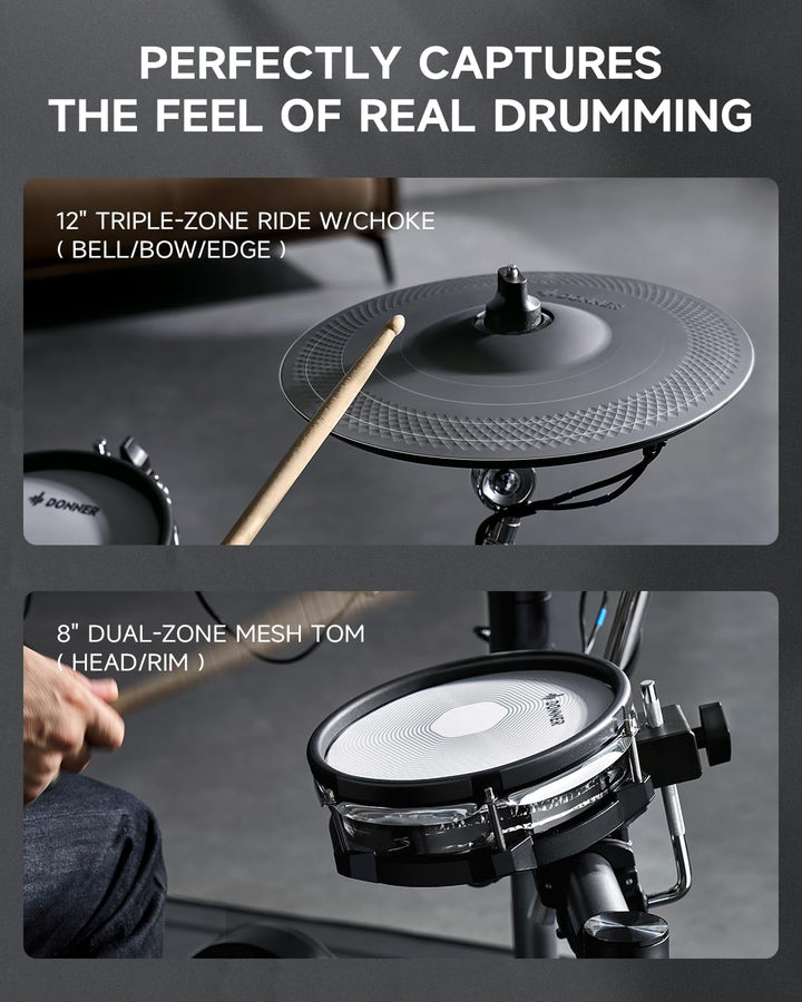 Donner Beat Electronic Drum Set, Electric Drum Kit with Quiet Mesh Drum Pads, 12" Cymbals w/Choke, 100 Kits and 1100+ Sounds, Sticks, USB MIDI, DONNER PLAY app (5 Pads, 3 Cymbals)