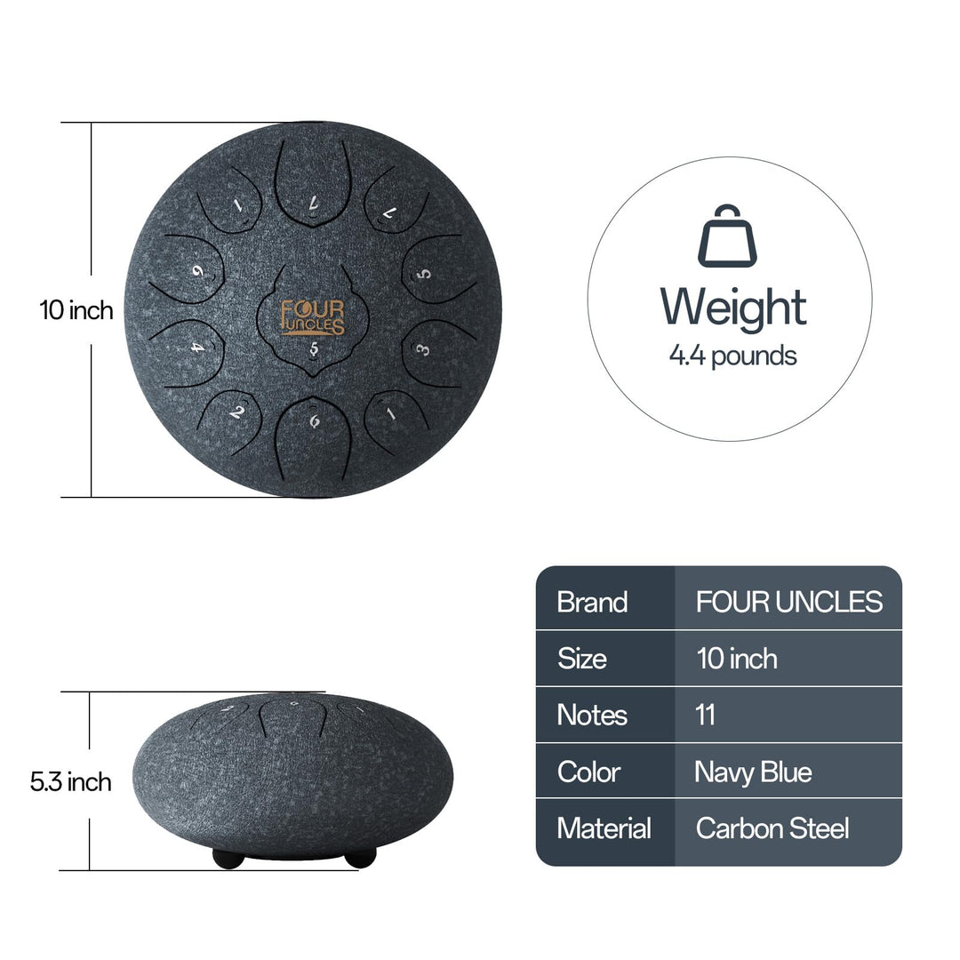 FOUR UNCLES Rain Drum for Outside, Steel Tongue Drum -10 Inch 11 Notes - Hand Pan Drums with Travel Bag,Music Book & Mallets, Musical Instruments Gifts for Family and Friends