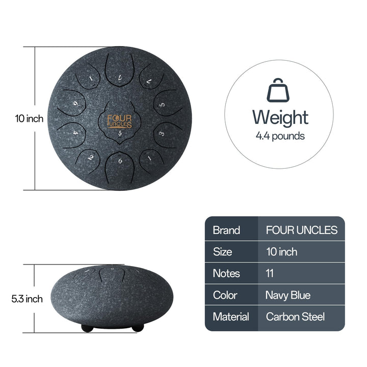 FOUR UNCLES Rain Drum for Outside, Steel Tongue Drum -10 Inch 11 Notes - Hand Pan Drums with Travel Bag,Music Book & Mallets, Musical Instruments Gifts for Family and Friends