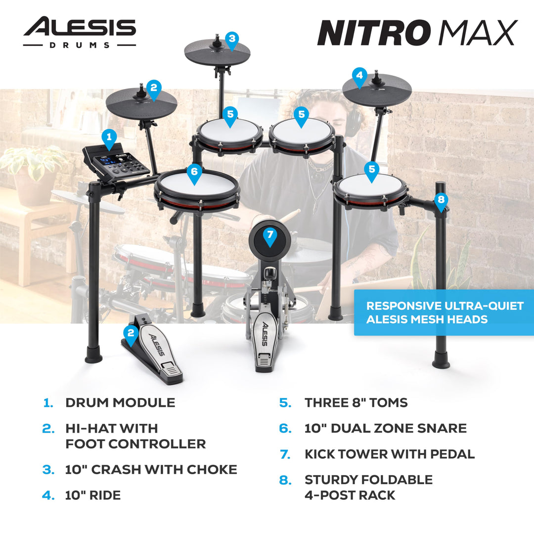 Alesis Nitro Max Kit 10 Piece Electric Drum Set with Quiet Mesh Pads, 10" Dual Zone Snare, Bluetooth, 440+ Sounds, Drumeo, USB MIDI, Kick Pedal