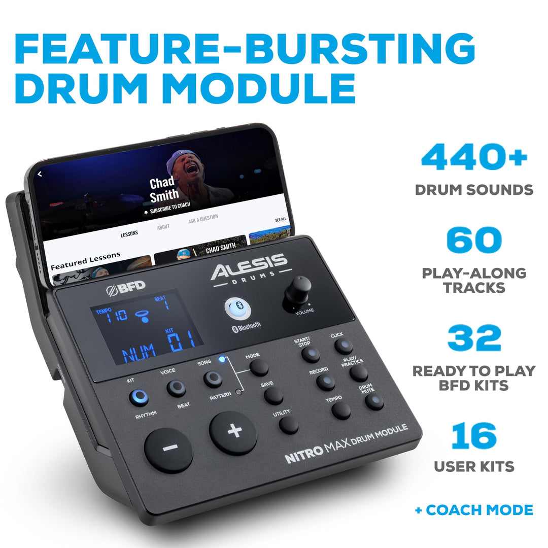 Alesis Nitro Max Kit 10 Piece Electric Drum Set with Quiet Mesh Pads, 10" Dual Zone Snare, Bluetooth, 440+ Sounds, Drumeo, USB MIDI, Kick Pedal