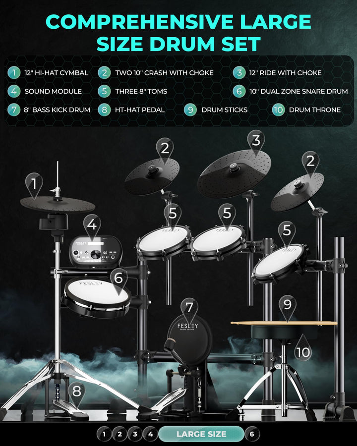 Fesley Electric Drum Set, Electronic Drum Set with 4 Quiet Mesh Drum Pads, Independent HiHat and Kick Drum Full Size Adult Drum Set, 3 Cymbals with Choke, 225 Sounds, USB MIDI, Drum Throne, and Sticks