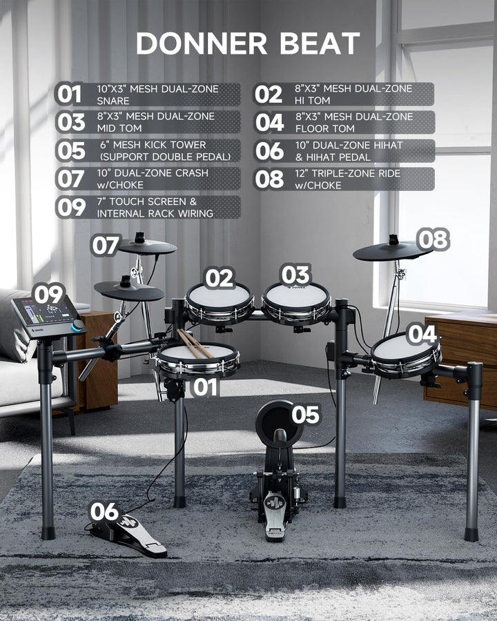 Donner Beat Electronic Drum Set, Electric Drum Kit with Quiet Mesh Drum Pads, 12" Cymbals w/Choke, 100 Kits and 1100+ Sounds, Sticks, USB MIDI, DONNER PLAY app (5 Pads, 3 Cymbals)