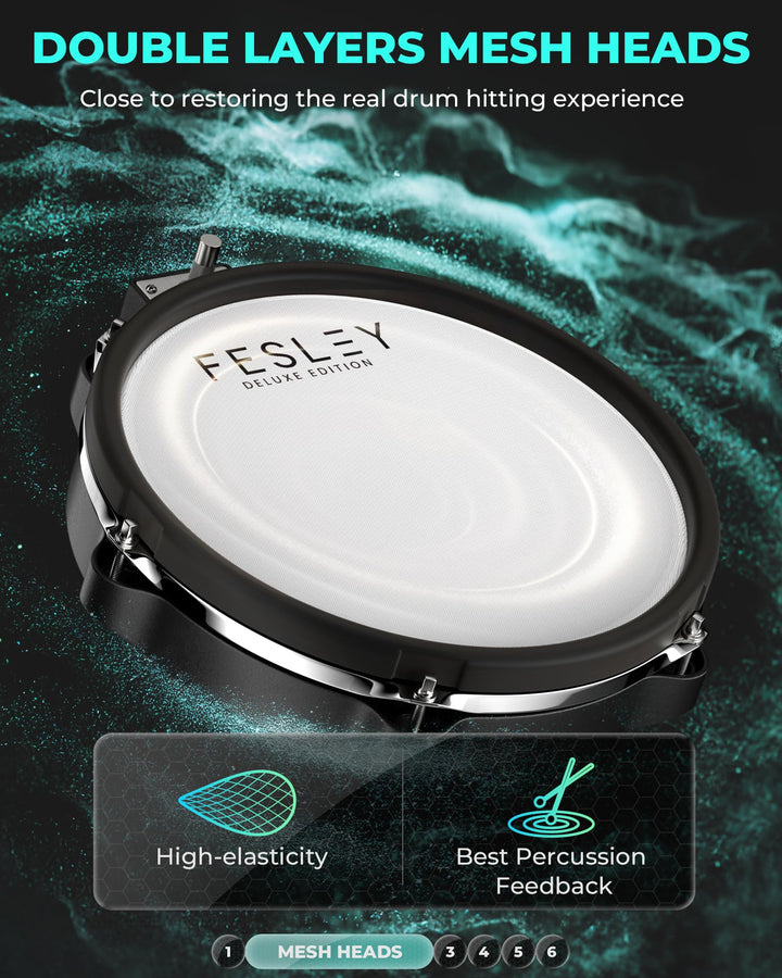 Fesley Electric Drum Set, Electronic Drum Set with 4 Quiet Mesh Drum Pads, Independent HiHat and Kick Drum Full Size Adult Drum Set, 3 Cymbals with Choke, 225 Sounds, USB MIDI, Drum Throne, and Sticks